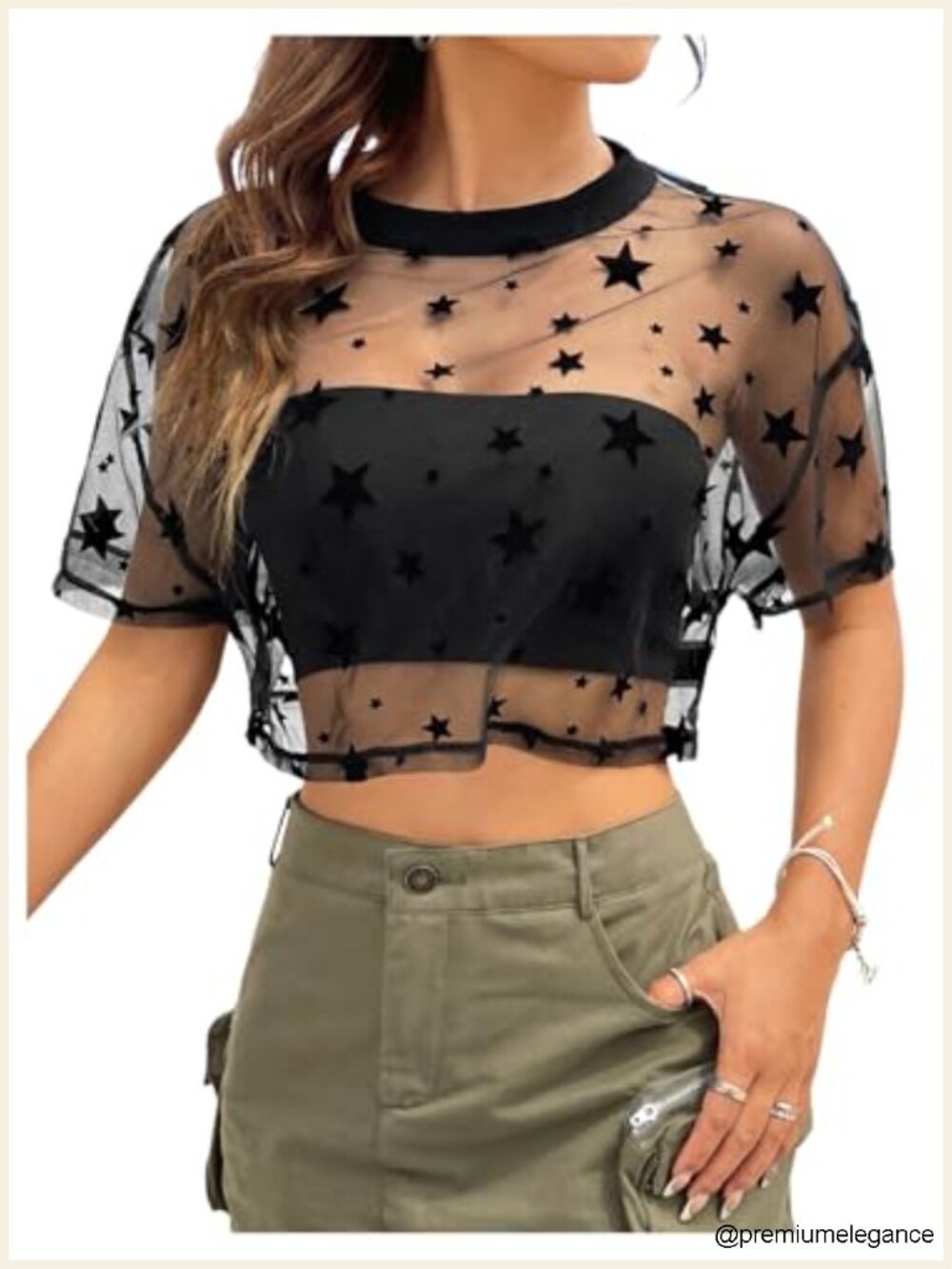 Sheer Mesh Star Print Crop Top Crewneck Short Sleeve See Through Clubwear